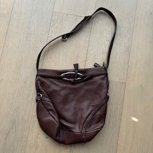 Brighton Shoulder Bag Top Stitching Silver Buckle Tassel Brown Pebbled Leather